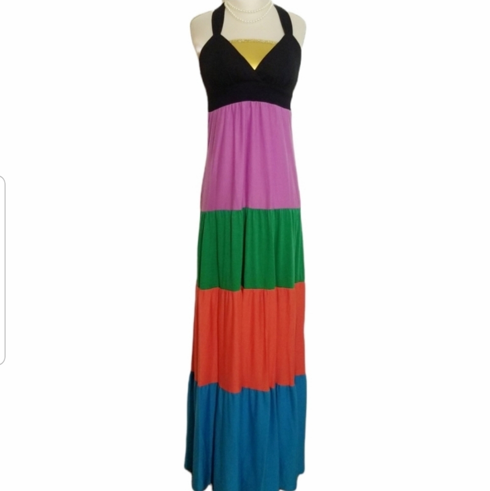 Boho Colorblock Open-Back Haltered Maxi Dress - image 5